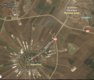 Vue aérienne actuelle de Nahalal, de Tel Shimron et du cimetière