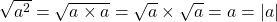 \sqrt{a^2} = \sqrt{a \times a} = \sqrt{a} \times \sqrt{a} = a = \vert a \vert