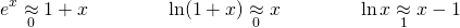 \[ e^x \underset{0}{\approx} 1+x  \qquad \qquad \ln (1+x) \underset{0}{\approx} x \qquad \qquad \ln x \underset{1}{\approx} x-1  \]