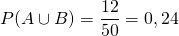 P(A \cup B) = \dfrac{12}{50} = 0,24