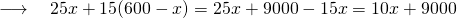 \quad \longrightarrow \quad 25x + 15(600-x) = 25x + 9000 - 15x = 10x + 9000