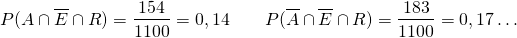 \[ P(A \cap \overline{E} \cap R) = \dfrac{154}{1100} = 0,14 \qquad P(\overline{A} \cap \overline{E} \cap R) = \dfrac{183}{1100} = 0,17 \dots \]