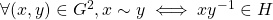 \forall (x,y) \in G^2, x \sim y \iff xy^{-1} \in H