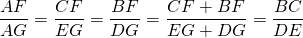 \dfrac{AF}{AG} = \dfrac{CF}{EG} = \dfrac{BF}{DG} = \dfrac{CF+BF}{EG+DG} = \dfrac{BC}{DE}