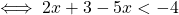 \iff 2x + 3 - 5x < -4