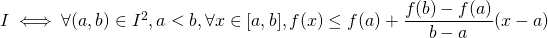 I \iff \forall (a,b) \in I^2, a < b, \forall x \in [a,b], f(x) \le f(a) + \dfrac{f(b)-f(a)}{b-a} (x-a)