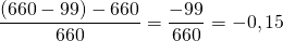 \dfrac{(660 - 99) - 660}{660} = \dfrac{-99}{660} = -0,15