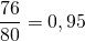 \dfrac{76}{80} = 0,95