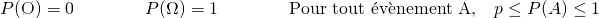 \[ P(\O) = 0 \qquad \qquad P(\Omega) = 1 \qquad \qquad \text{Pour tout \'ev\`enement A,} \quad p \le P(A) \le 1 \]