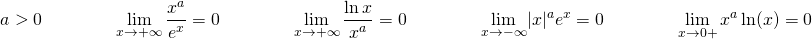 \[ a > 0 \qquad \qquad \lim_{x \to +\infty} \dfrac{x^a}{e^x} = 0 \qquad \qquad \lim_{x \to +\infty} \dfrac{\ln x}{x^a} = 0 \qquad \qquad \lim_{x \to -\infty} \lvert x \rvert ^a e^x = 0 \qquad \qquad \lim_{x \to 0+} x^a \ln(x) = 0 \]