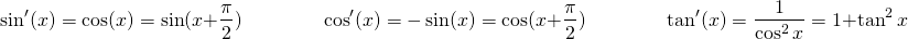 \[ \sin'(x) = \cos(x) = \sin(x + \dfrac{\pi}{2}) \qquad \qquad \cos'(x) = -\sin(x) = \cos(x + \dfrac{\pi}{2}) \qquad \qquad \tan'(x) = \dfrac{1}{\cos^2 x} = 1 + \tan^2 x \]