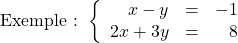 \[ \text{Exemple : }\left\{ \begin{array}{rcr} x-y & = & -1 \\ 2x+3y & = & 8 \\ \end{array} \right.\]