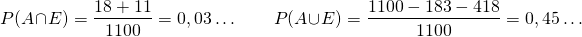 \[ P(A \cap E) = \dfrac{18 + 11}{1100} = 0,03 \dots \qquad P(A \cup E) = \dfrac{1100 - 183 - 418}{1100} = 0,45 \dots \]