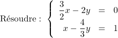 \[ \text{Résoudre : }\left\{ \begin{array}{rcr} \dfrac{3}{2}x-2y & = & 0 \\ x-\dfrac{4}{3}y & = & 1 \\ \end{array} \right.\]