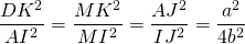 \dfrac{DK^2}{AI^2} = \dfrac{MK^2}{MI^2} = \dfrac{AJ^2}{IJ^2} = \dfrac{a^2}{4 b^2}