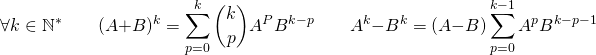 \[ \forall k \in \mathbb{N}^* \qquad (A + B)^k = \sum_{p=0}^k \binom{k}{p} A^P B^{k-p} \qquad A^k - B^k = (A-B) \sum_{p=0}^{k-1} A^p B^{k-p-1} \]