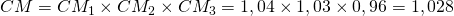 CM = CM_1 \times CM_2 \times CM_3 = 1,04 \times 1,03 \times 0,96 = 1,028