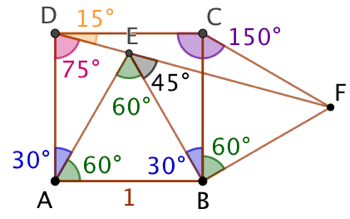 3 points alignés avec un carré et deux triangles équilatéraux